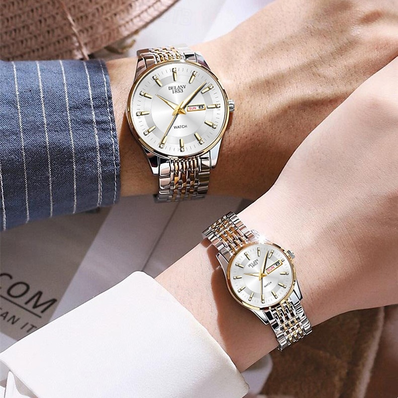 Două ceasuri noi și la modă cu cuarț pentru cupluri - carcasă din oțel inoxidabil, rezistență la apă IPX7, calendar dublu luminescent, dată și afișaj duminică/luni, curea din aliaj - cadou ideal 2025 - $24.99 –P15