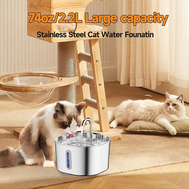 2026年 2.2l/74オンスの猫用自動給水器、ステンレススチール、USB電源、超静音動作、窓付き、猫や小型犬に最適、家庭/オフィスの装飾に最適なモダンなメタリックデザイン  コレクション – $52.99 –P2