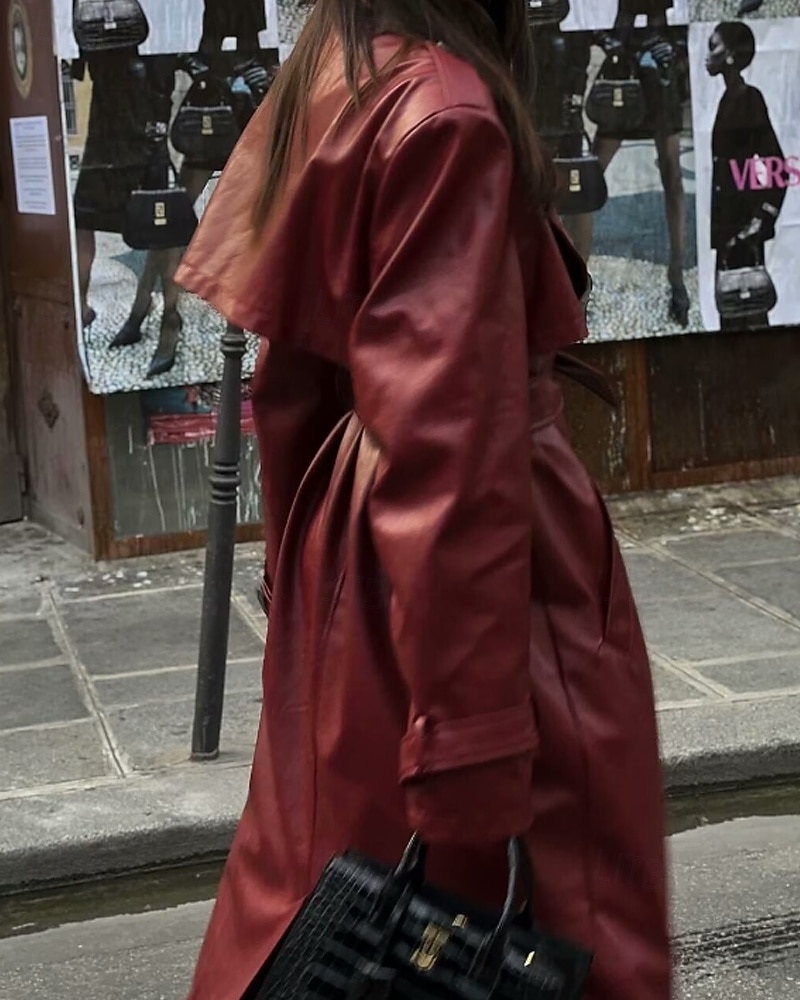 Dam Imitationsläderjacka Trenchcoat Håller värmen Bekväm Ficka Knappar Mode Slät Formell Utomhus Semester Ledigt Lång Nedvikt Normal Långärmad Ytterkläder Svart Mörkröd Höst Vinter 2025 - $67.99 –P5