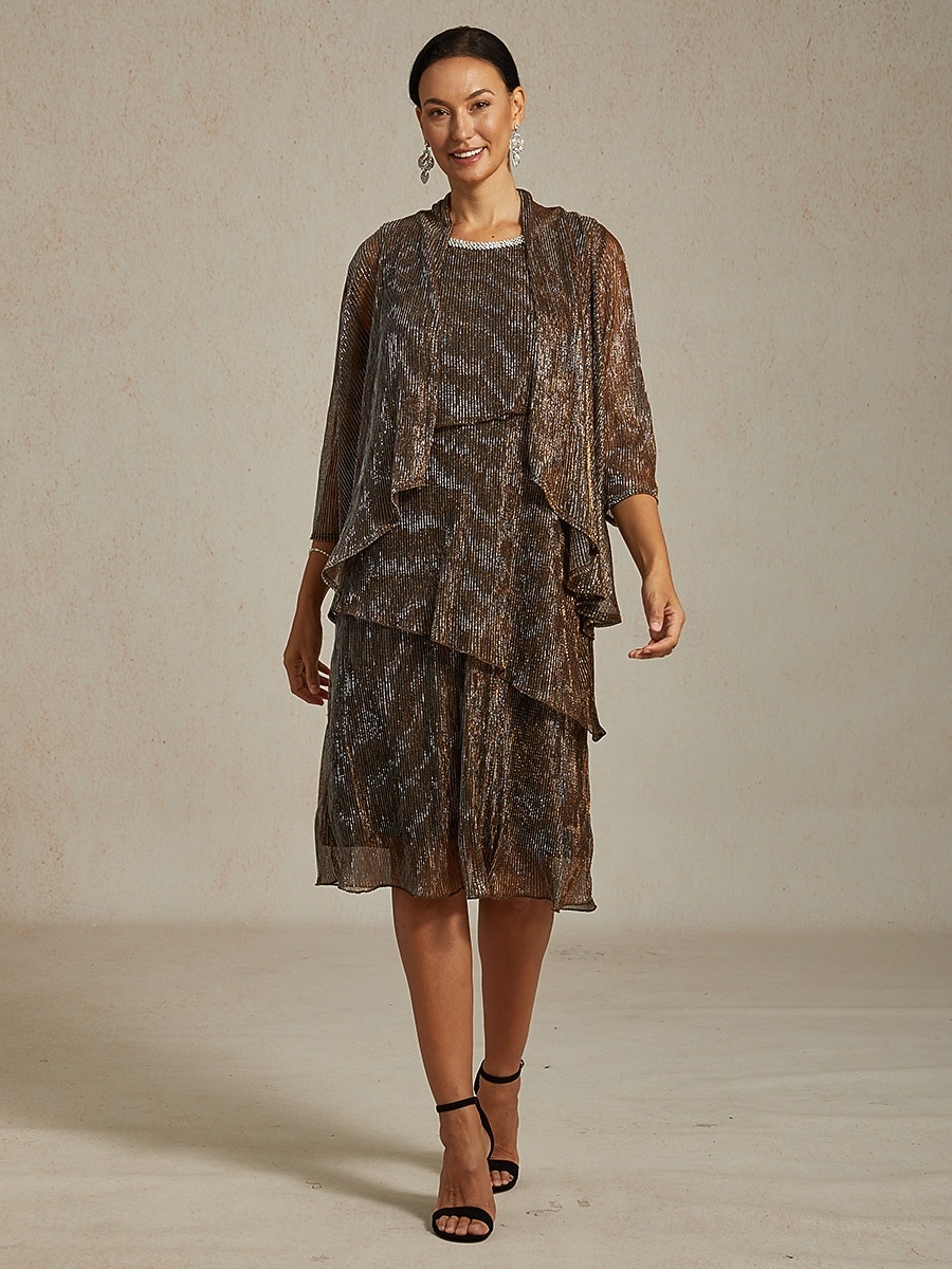 Dame Midikjole Skiftkjole Plissert kjole Grime kjole Elegant Fest Formelt Fest Bryllupsgjest Cocktailfest Normal Helfarge Ermeløs Crew-hals Brun Sommer Vår Høst Vinter 2025 - $141.99 –P10