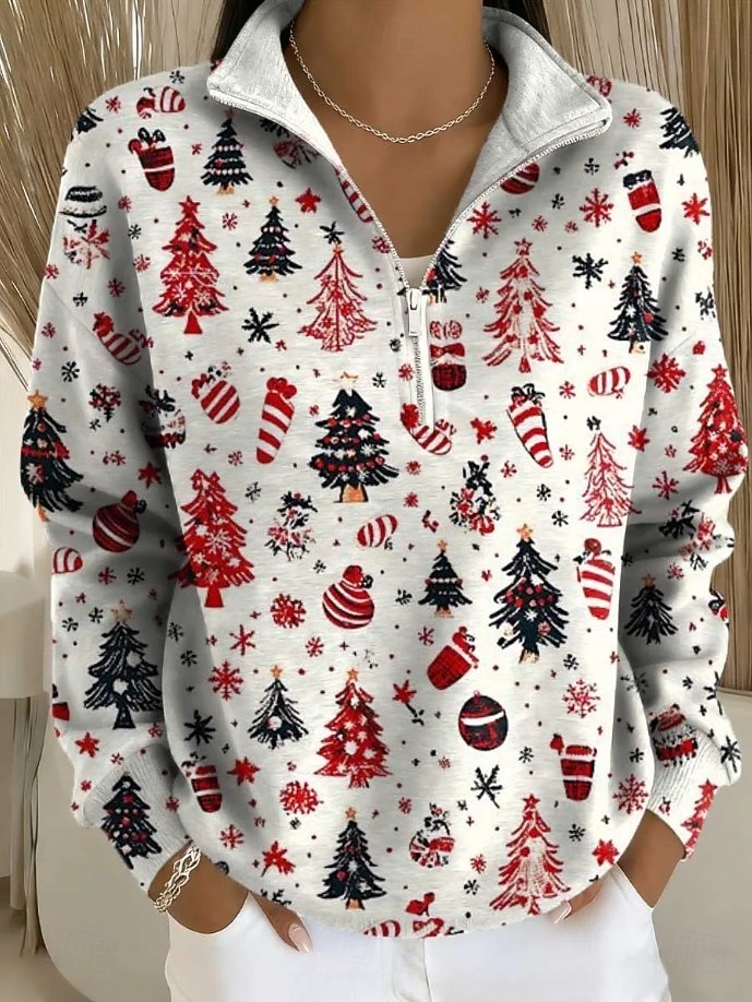Świąteczny damski sweter z płatkami śniegu w kształcie choinki grafikę casualowy z długim rękawem pół zamkiem regularny codzienne noszenie casualowy sportowy biały jasny zielony brązowy jasnoszary 2026 - $33.99 –P2