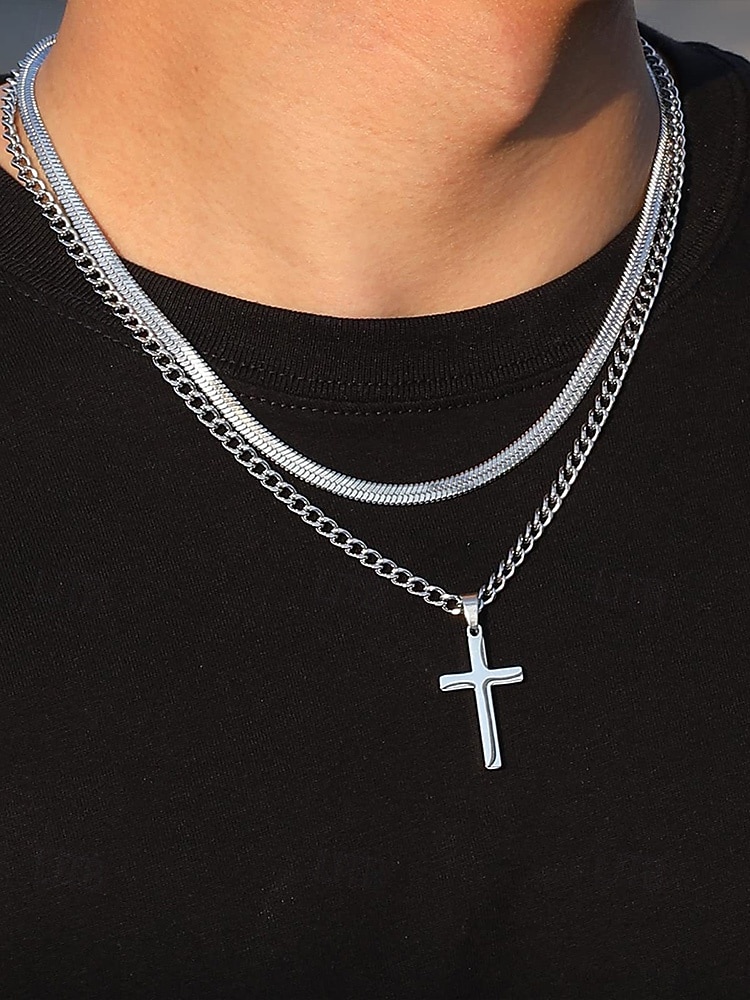 Męski naszyjnik z krzyżem ze stali nierdzewnej, trwała biżuteria łańcuszkowa, stylowy prezent chrześcijański na Boże Narodzenie, imprezę i do noszenia na co dzień 2026 - $11.99 –P4
