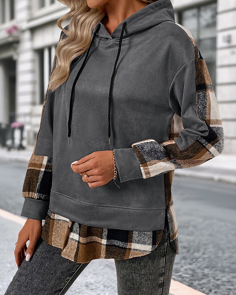 Women's Pullover Hoodie Sweatshirt Plaid Vintage Casual Long Sleeve Hooded Regular Tops Street Casual Sports Drawstring Patchwork Pink Army Green Dark Gray Beige Coffee Fall Winter 2025 - $35.99 –P6