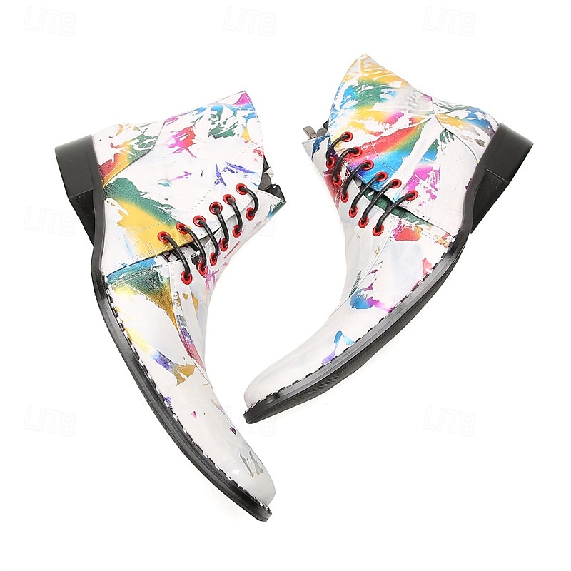 Botines de piel con efecto salpicado de pintura blanca para hombre, con cordones en la parte delantera y punta puntiaguda, botas artísticas de piel de vaca de moda para escenarios, clubes y fiestas. 2026 - $149.99 –P8
