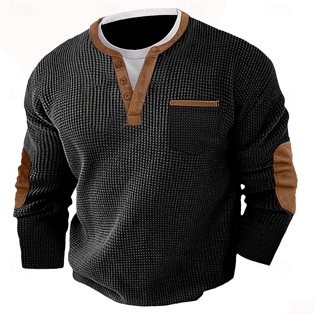 Herren Waffel-T-Shirt Waffel-Henley-Hemd Langarm Henley Herbst Frühling & Herbst Einfarbig Mode Basic Henley Falscher Zweiteiler Urlaub Heim Büro Schwarz Grau Marineblau Top T-Shirt für Herren 2025 - $26.99 –P4
