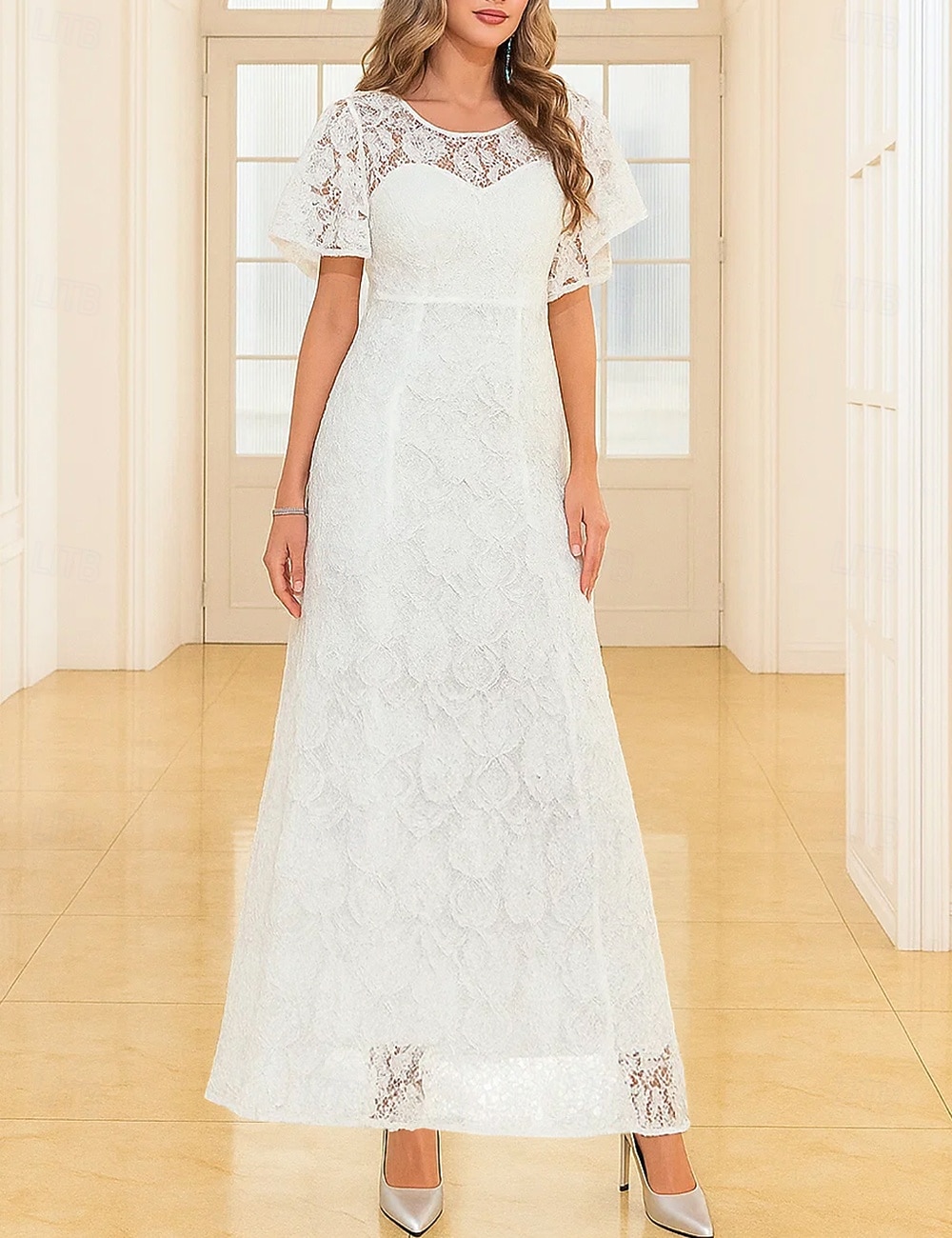 Ligne A Longueur au sol Robe de Cérémonie Robe de soirée Manche Courte Col ras du cou Élégant ancien Fête Dentelle Polyester Robe de Mère de Mariée  avec Dentelle de 2025 ? $74.99 –P5