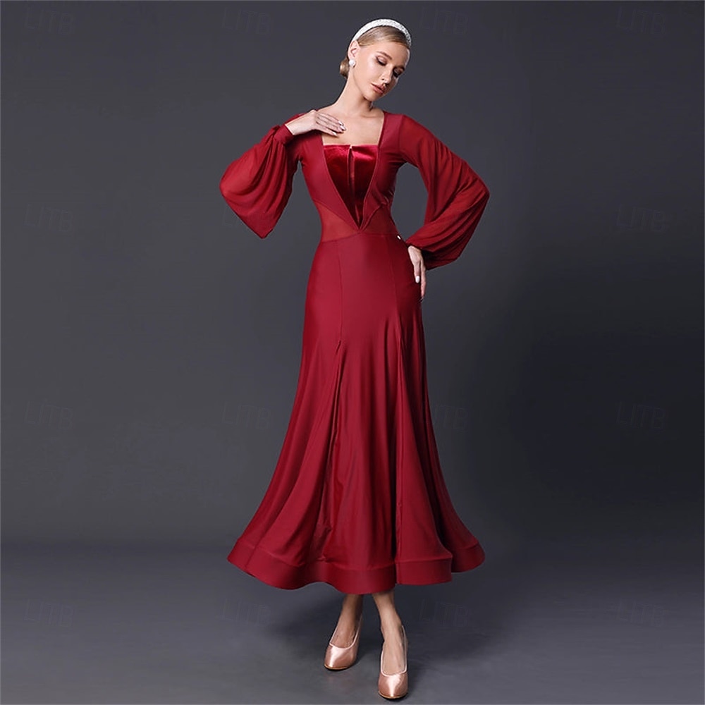 abito da ballo da sala da donna in chiffon nero a maniche lunghe, elegante abito da competizione per valzer, tango, foxtrot del 2026 a $327.09 –P6