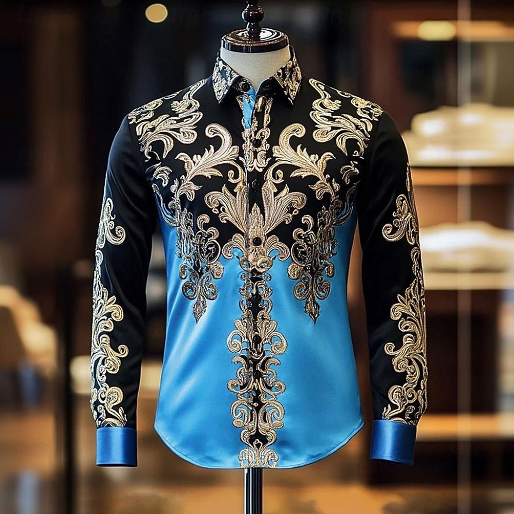 Herren Blumendruck Ethnisch Blumen Hemd Satinhemd Kleidhemd Langarm Vintage-Retro Urlaub Alltagskleidung Sommer Frühling Herbst Umlegekragen 3D-Druck Hemden mit Knopfleiste Blau Schwarz 2025 - $27.99 –P1