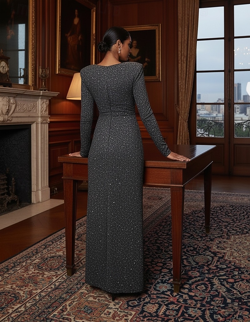 Sheath Column Floor Length Prom Dresses Evening Gown Ball Gown Formal Dress Elegant Glittering Celebrity Style Long Sleeve V Neck Garden Party Wedding Stretch Crepe with Slit 2026 - $183.99 –P3