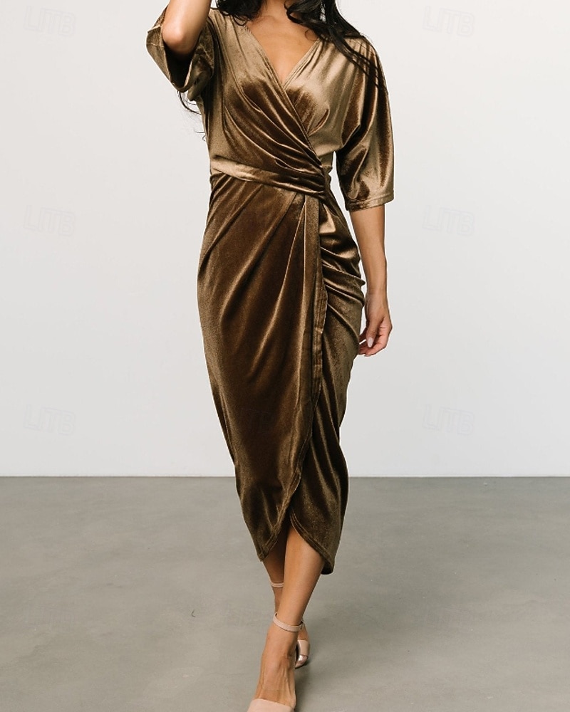 Damen Midikleid Samtkleid Partykleid Cocktailkleid Mode Modern Party Abendgesellschaft Normale Passform Einfach Halbarm V Ausschnitt Schwarz Wein Dunkelgrün Kamel Herbst Winter 2025 - $31.49 –P13