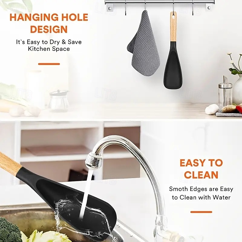 Multifunkční špachtle s ergonomickou dřevěnou rukojetí - odolný nepřilnavý kuchyňský nástroj na vaření, servírování, obracení palačinek, míchání polévky, míchání těsta - černá &bílé možnosti 2026 - $13.99 –P10