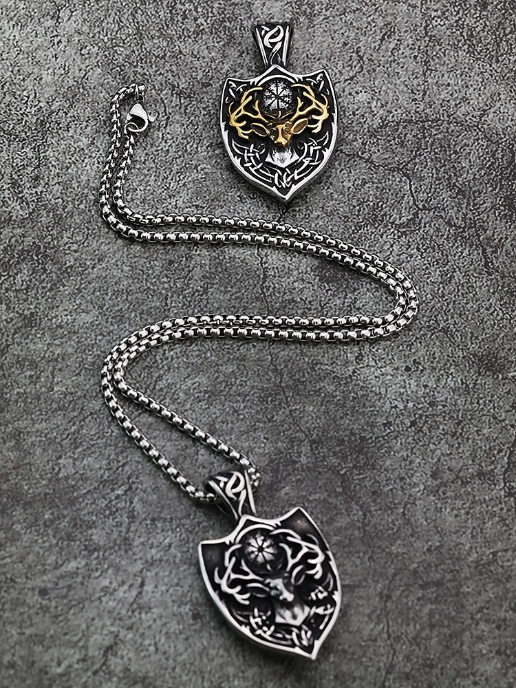 قلادة على شكل رأس غزال فايكنج من الفولاذ المقاوم للصدأ للرجال بتصميم درع، مجوهرات تميمة نورسية سلتيك كهدية عيد الميلاد والحفلات والارتداء اليومي 2026 - $11.99 –P5