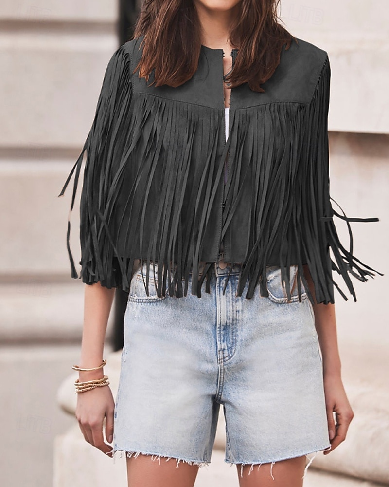 Damskie Bluzka Frędzel Równina Zachodni Bez rękawów W serek Zwykłe topy Święto Wyjściowe Czarny Jasnobrązowy Lato Wiosna 2026 - $32.99 –P3