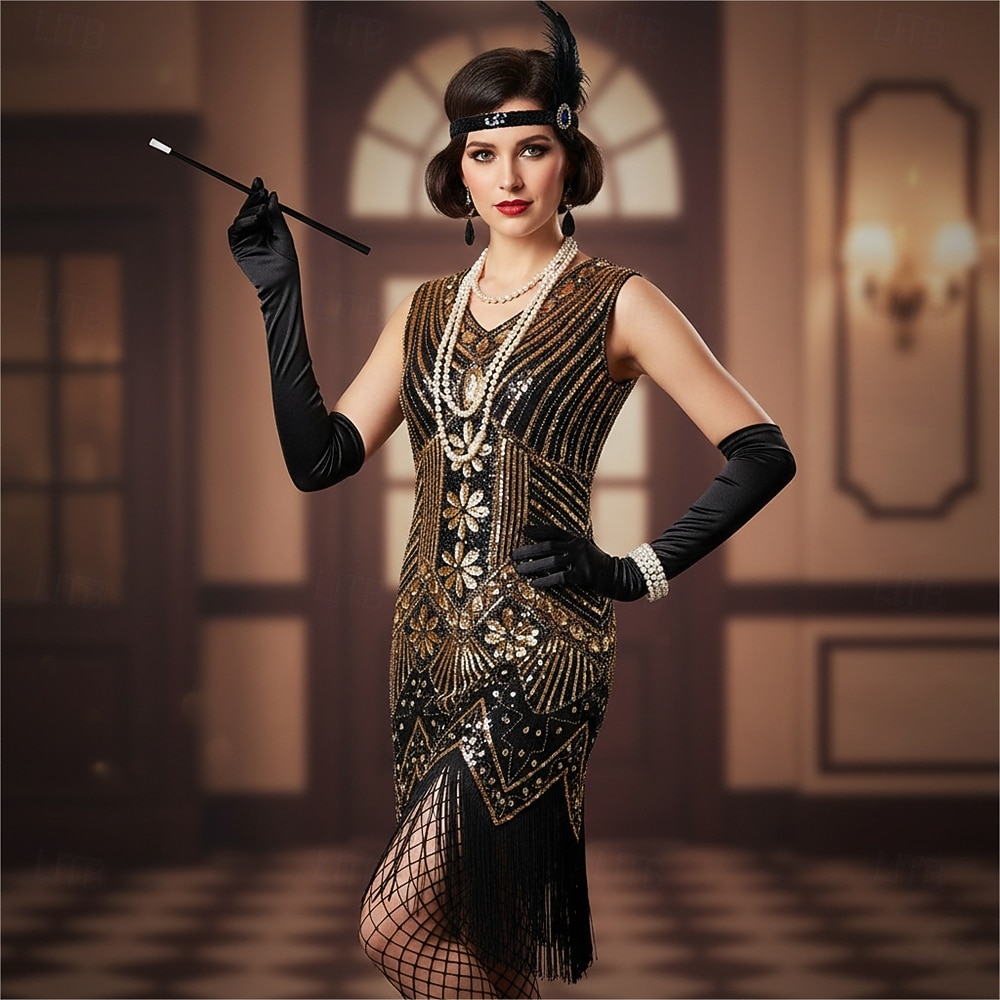 Set Roaring 20s 1920s Knee Length Flapper Dress Cocktail Dress Fancy Costume with Accessories Sleeveless The Great Gatsby Flapper Girl Sequins Tassel
