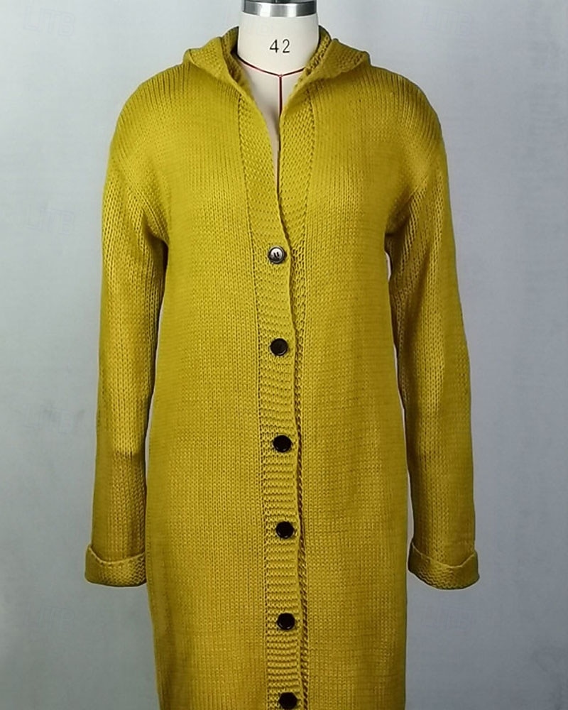 Mujer Pulóveres Cárdigan Elegante Moda Ropa de calle Color sólido Con Capucha Retazos Botones De Punto Manga Larga Tops largos Tejer Exterior Diario Noche Negro Amarillo Otoño Invierno 2025 - $53.99 –P5