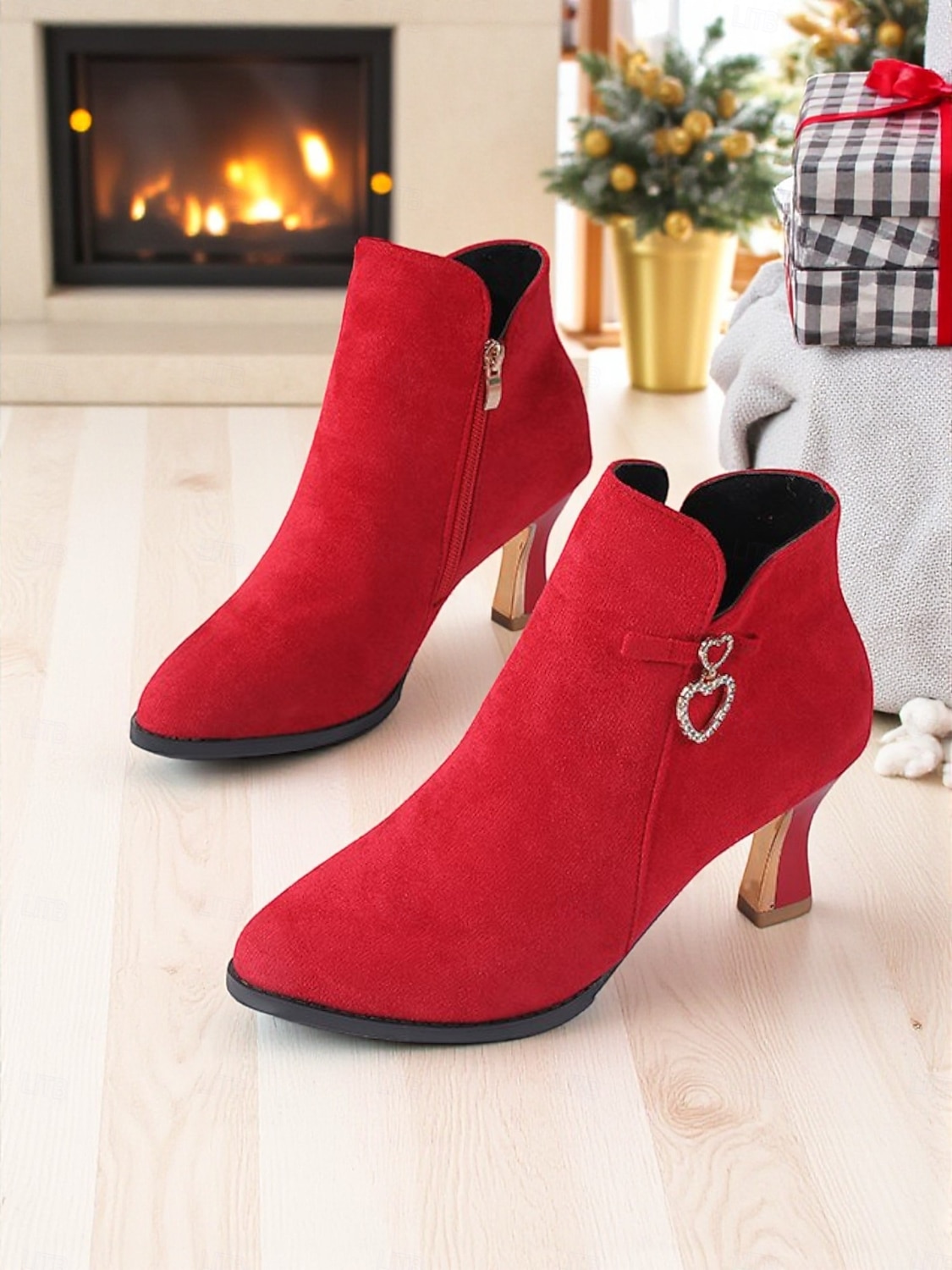 Women's Suede Ankle Boots with Rhinestone Heart Charm and Gold Heels, Elegant Pointed Toe Short Boots for Christmas Parties, Winter Outfits & Date Nights 2026 - $42.99 –P6