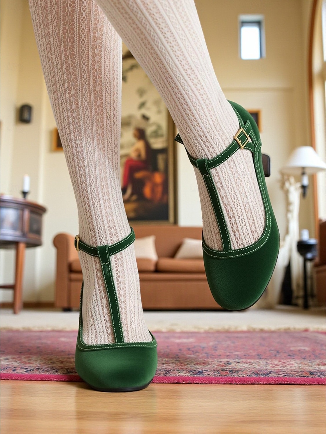 Damskie zielone półbuty typu Mary Jane z paskiem w kształcie litery T, buty w stylu edwardiańskim z lat 30. XX wieku, na średnim obcasie i z okrągłym noskiem, idealne na stylizacje retro, oficjalne 2026 - $54.99 –P2