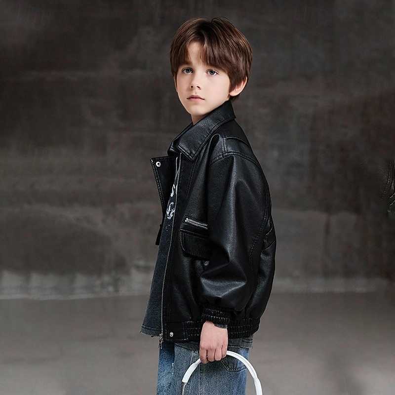 Kid's Boys' Black Leather Jacket Jacket Outerwear Plain Long Sleeve Zip Up Waterproof Windproof Coat Daily Fashion Casual Black Green Spring Fall 4-12 Years 2026 - $46.99 –P5