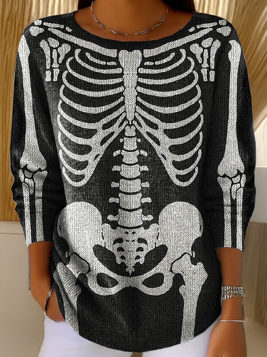 Kvinners Genser Søtt Gateklær Løs Grafisk Skjelett Rund U-hals Patchwork Strikket Lang Erm Vanlige Topp Strikk Svart Rød Høst Vinter 2025 - $29.99 –P2