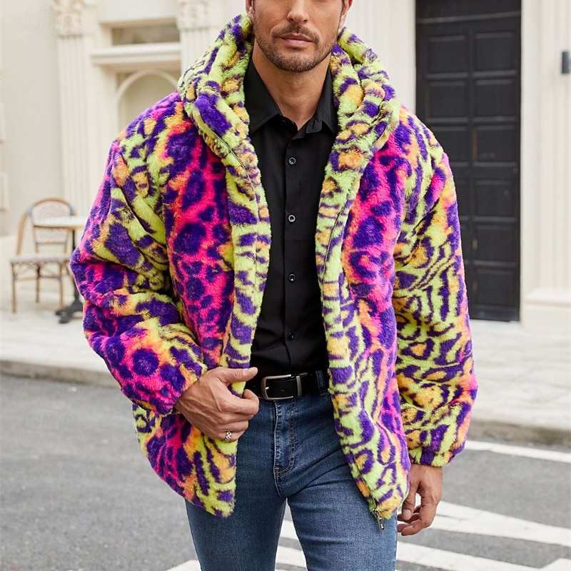 Voor heren Winterjack Jas van imitatiebont Dagelijks Vakantie Thermisch Warm Fleece Herfst Winter Luipaard Modieus Streetwear Capuchon Normaal Imitatiebont Geel Jacks 2026 - $50.99 –P2