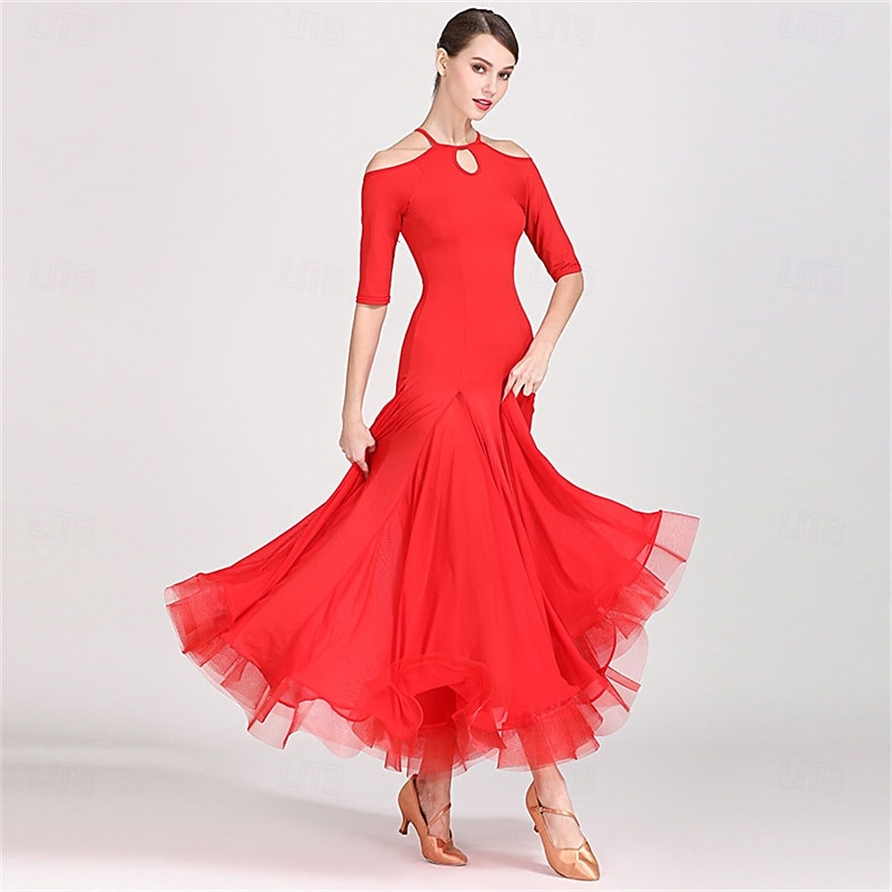 Red Ballroom Dance Dress for Women - Cold Shoulder A-Line Gown with Keyhole  Neckline and Tulle Trim for Competitions, Latin, and Dance Events 2026 -  $113.99