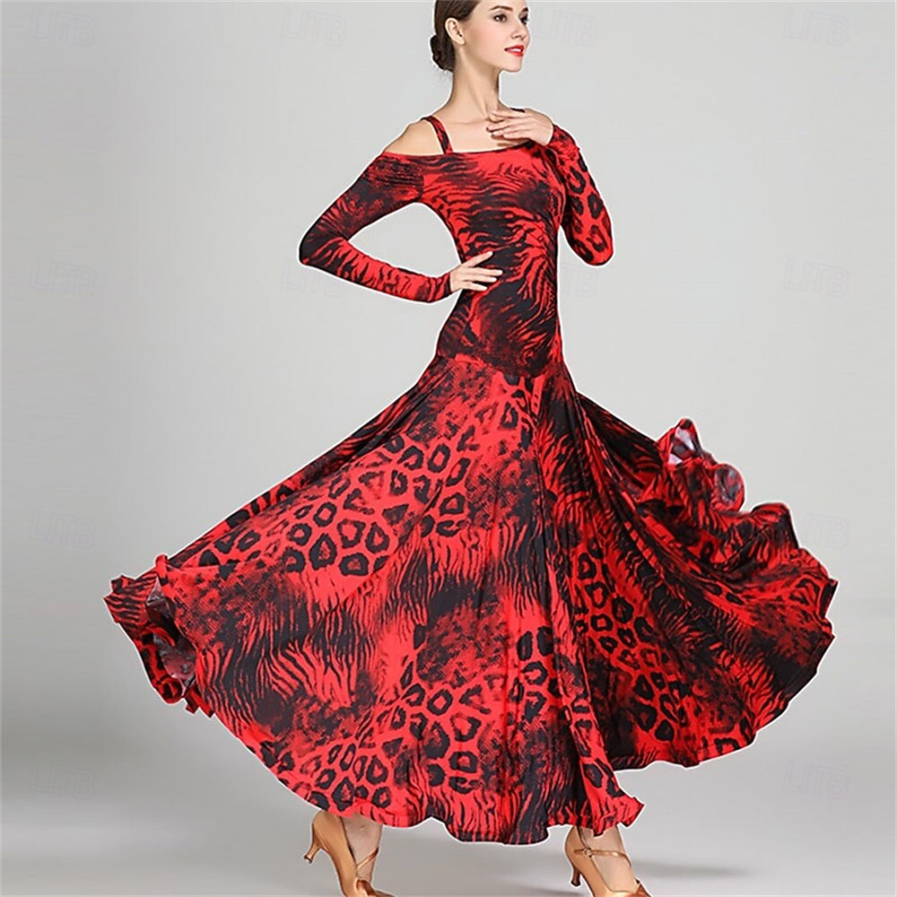 Animal Print Off-Shoulder Ballroom Dance Dress for Women - Long Sleeve A-Line Gown for Competitions, Latin, and Dance Events 2026 - $131.99 –P6