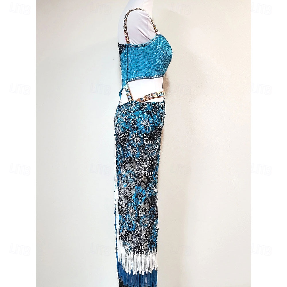 Women's Latin Dance Dress Blue Rhinestone Cutout Bodycon Fringe Costume for Cha Cha Samba Paso Doble Performance Competition 2026 - $457.09 –P6
