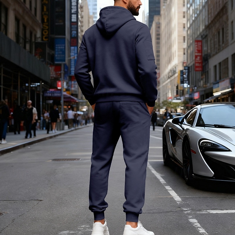 Men's Tracksuit Outfit Set Hoodies Set Hoodie Outdoor Daily Sports Drawstring Zip Up Pocket Plain Black Navy Blue Brown Polyester Activewear Fashion Streetwear Fall 2026 - $56.99 –P8