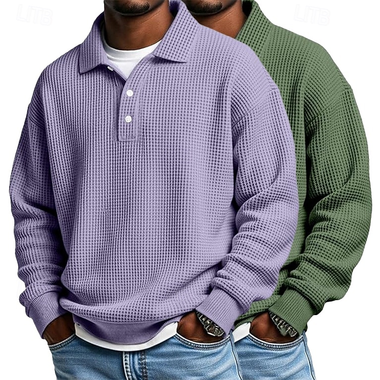 2 stuks heren wafel poloshirts golf shirt formeel zakelijk klassiek lange mouwen mode effen kleur 2 stuks multi-pack herfst lente &herfst regular fit wit paars blauw wafel poloshirts 2025 - $40.99 –P8