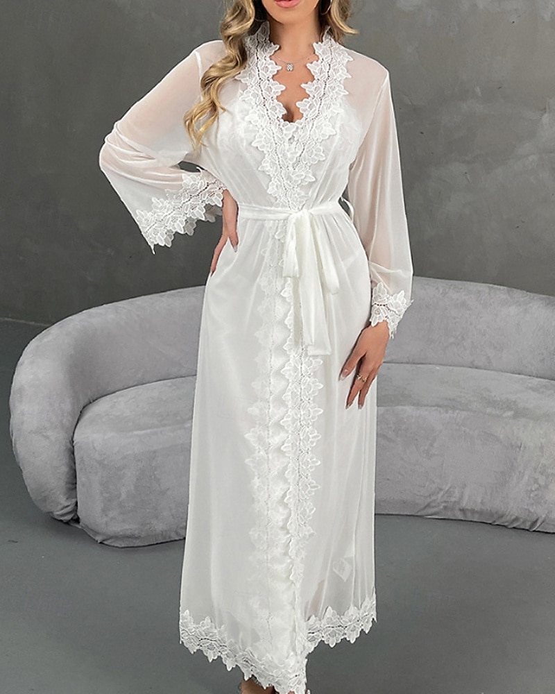 2026年 女性用 ローブ あたたか ファッション カジュアル ピュアカラー サテンシルキーパジャマ レース ドレス 家 ベッドサイド 長袖 クルーネック ホワイト 夏 春 レギュラー  コレクション – $43.99 –P3