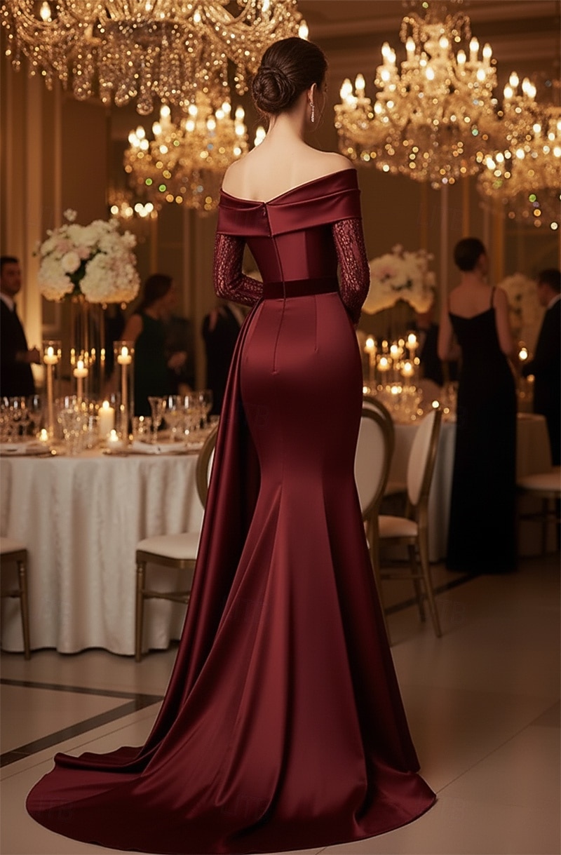 Havfrue Kveldskjoler Elegant Formell kjole Formell Bryllup Sweep / Børste train Ermeløs Løse skuldre Sateng med Plissert 2025 2025 - $164.99 –P2