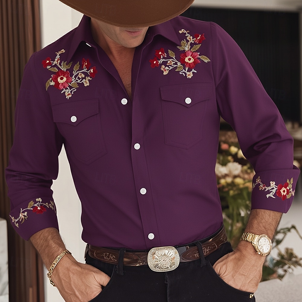Hombre Estampado Floral Étnico Flores Camisa camisa occidental Camisa vaquera Manga Larga retro de la vendimia Casual Exterior Para trabajo Primavera Otoño Cuello Vuelto Dos bolsillos delanteros 2026 - $27.99 –P2