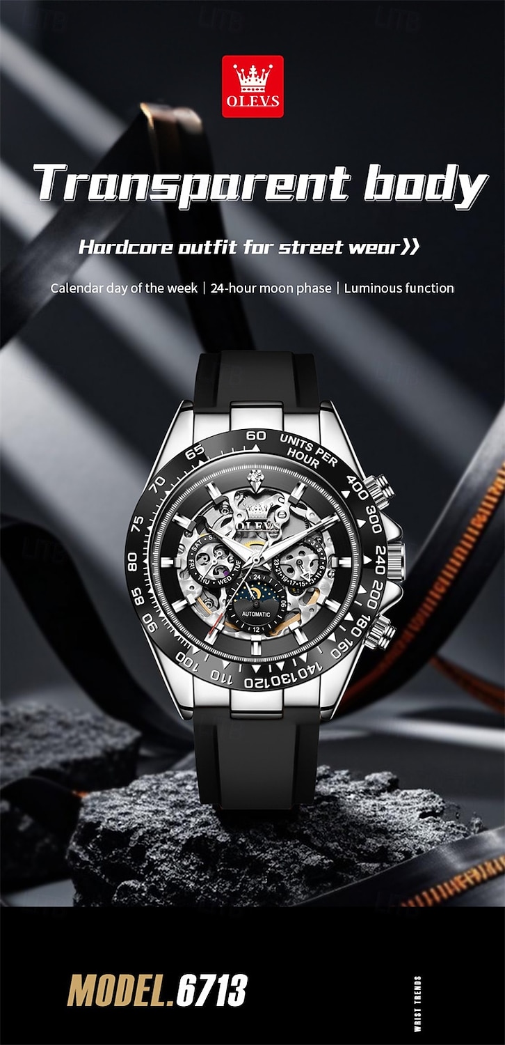 The New Olevs Silicone Men'S Business Watch With Luminous Calendar And Moon Phase Display A Multi-Functional Fully Automatic Mechanical Watch Is A Fashionable Casual Waterproof Sports Wristwatch 2026 - $95.99 –P3