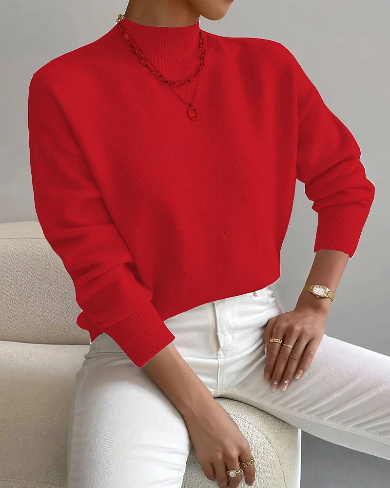 Women's Sweater Pullover Fashion Streetwear Casual Solid Color Mock Neck Knitted Long Sleeve Regular Tops Knit Daily Holiday Going out Yellow Pink Fall Winter 2026 - $33.99 –P5