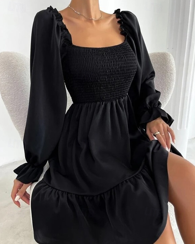 Damen Minikleid Schößchen Kleider Gerafftes Kleid Modern Outdoor Ferien Ausgehen Normale Passform Einfach Langarm Quadrathals Schwarz Wein Armeegrün Leicht Braun Frühling Herbst 2025 - $24.99 –P4