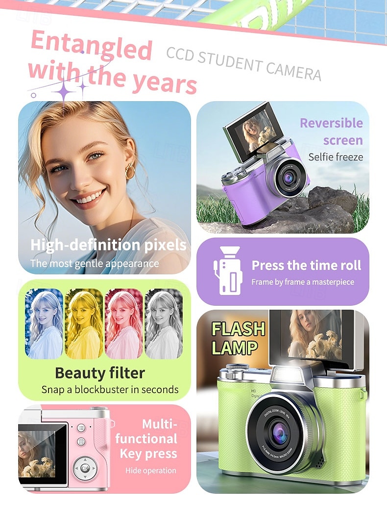 2026年 1080P HDポータブルCCDカメラ 4Kレンズ フリップスクリーン USB充電式リチウムポリマーバッテリー 初心者向け旅行Vlogging 完璧なバレンタインデーギフト 初心者カメラ  コレクション – $47.99 –P2