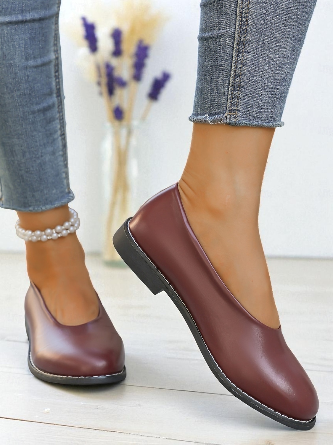Women's Burgundy Faux Leather Round Toe Flats with Low Heel, Comfortable Casual Dress Shoes for Work, Office & Everyday Wear 2025 - $26.99 –P5