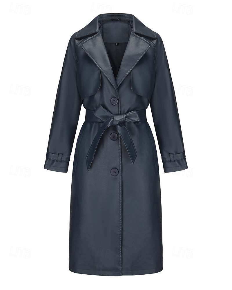 Dam Imitationsläderjacka Trenchcoat Bekväm Ficka Knappar Ledigt Slät Semester Dagliga kläder Utekväll Helgen Lång Nedvikt Normal Långärmad Ytterkläder Marin Svart Kamel Vår Höst 2025 - $68.99 –P22