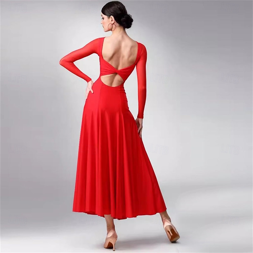 abito da ballo da sala da donna blu navy elegante a maniche lunghe in rete con scollo incrociato, abito da competizione per valzer, foxtrot e tango del 2026 a $337.89 –P6