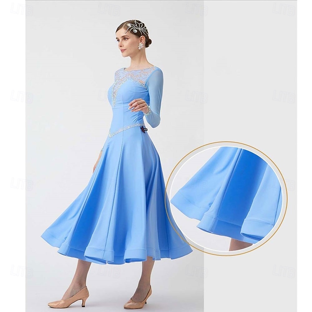Women's Ballroom Dance Dress Long Sleeve Mesh Lace Waltz Tango Competition Performance Practice Gown Elegant Flowing Skirt – Light Blue 2026 - $257.79 –P5