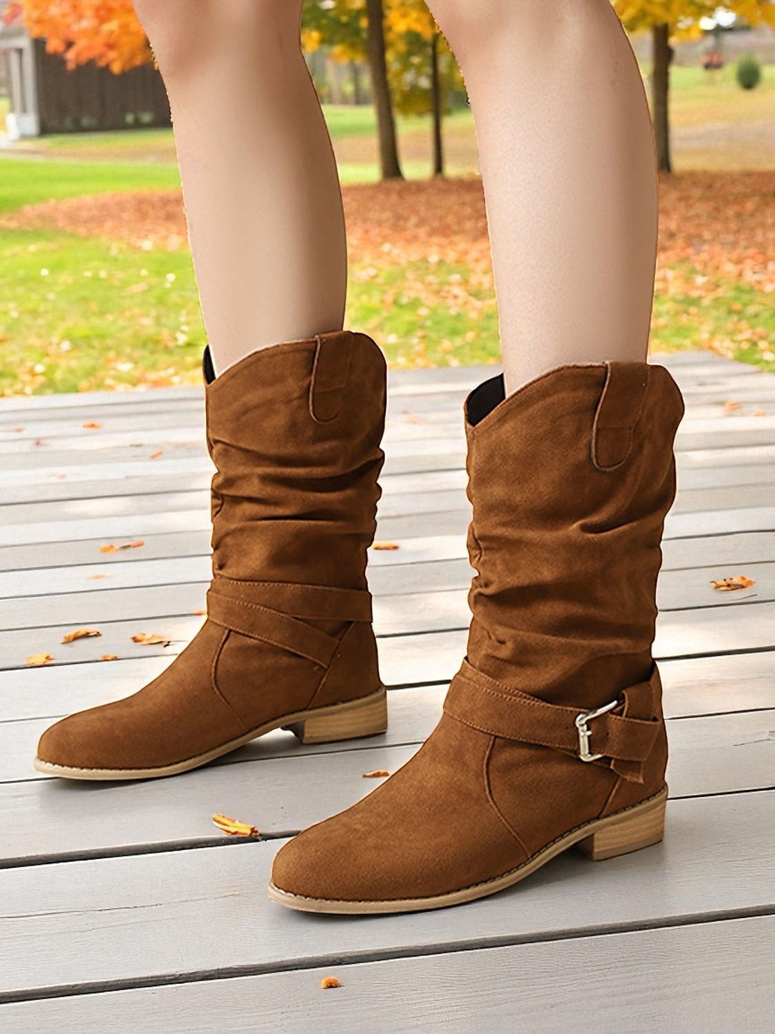 Botas holgadas de mujer en marrón oscuro con hebilla: botines informales de tacón bajo para uso diario. 2026 - $59.99 –P1