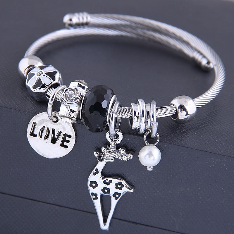 pulseira de prata charmosa com pingente de amor e pingente de rena, pulseira ajustável de contas de cristal para mulheres de 2026 por $11.99 –P3