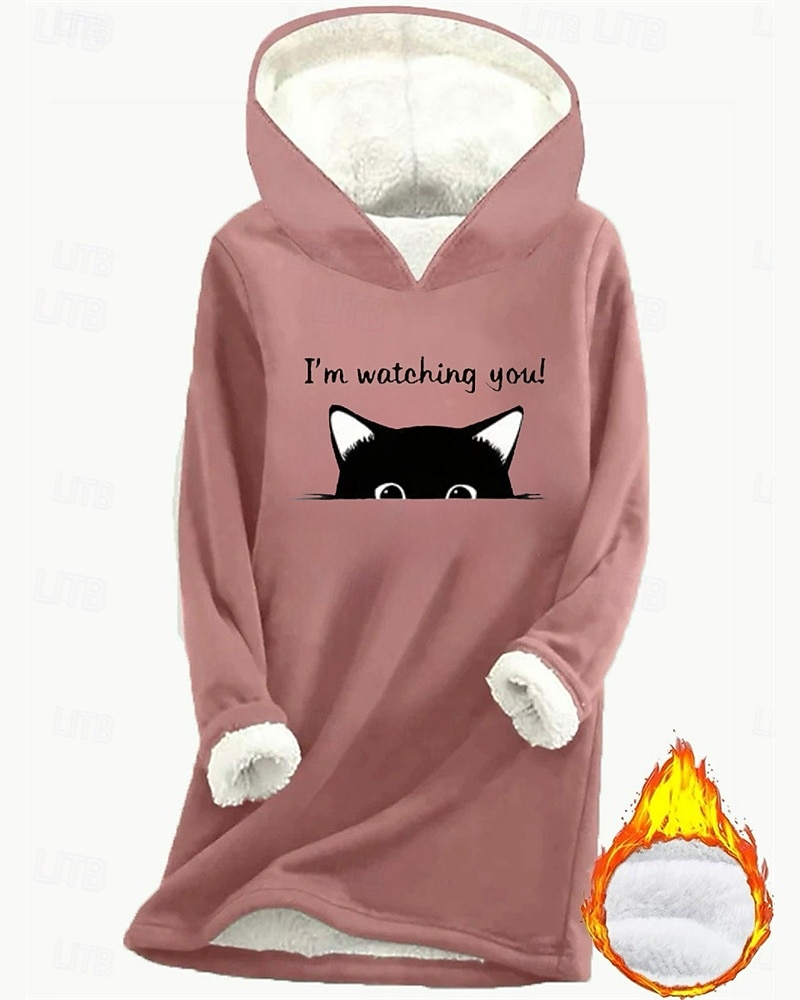 Mulheres Pulôver Moletom Com Capuz Imprimir Forrada com Fleece Gráfico Gato Quente Casual Velo Sherpa Manga Longa Com Capuz Tops longos Casual Rua Dia a Dia Azul Rosa Escuro Cinzento Outono Inverno de 2026 por $25.99 –P2