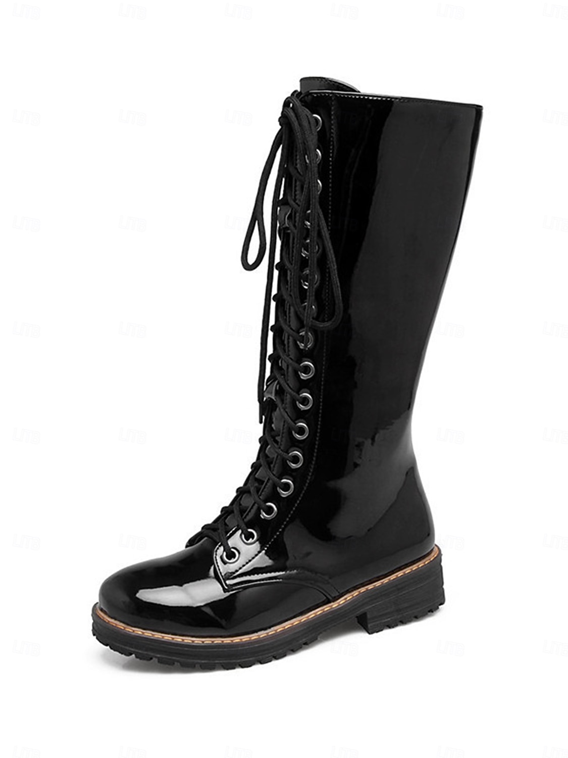 stivali da combattimento bianchi con lacci da donna, stivali classici casual preppy in pelle sintetica verniciata a metà polpaccio per ufficio, abbigliamento casual e attività all'aperto del 2026 a $69.99 –P1