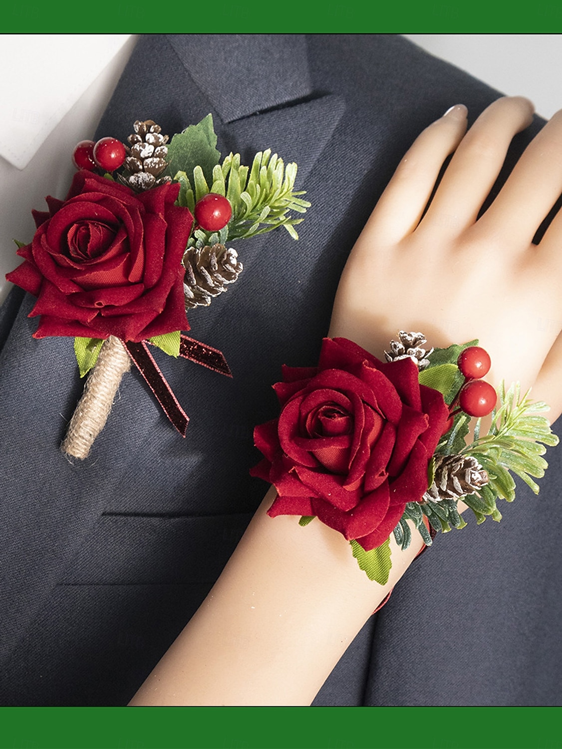 Weihnachts-Ansteckblume und Boutonniere-Set mit roten Rosen für Damen, elegantes florales Armband und Anstecknadel mit Tannenzapfen &Beeren für die Weihnachtsfeier &Winterhochzeit 2026 - $11.99 –P3