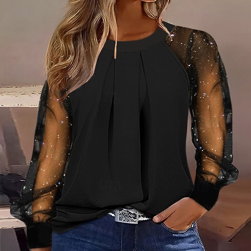 Per donna Top con cuciture in pizzo Blusa Arricciato Pizzo Patchwork Semplice Elegante Manica Lunga Girocollo Top Regolari Quotidiano Ferie Uscire Nero Autunno Inverno del 2026 a $26.99 –P1