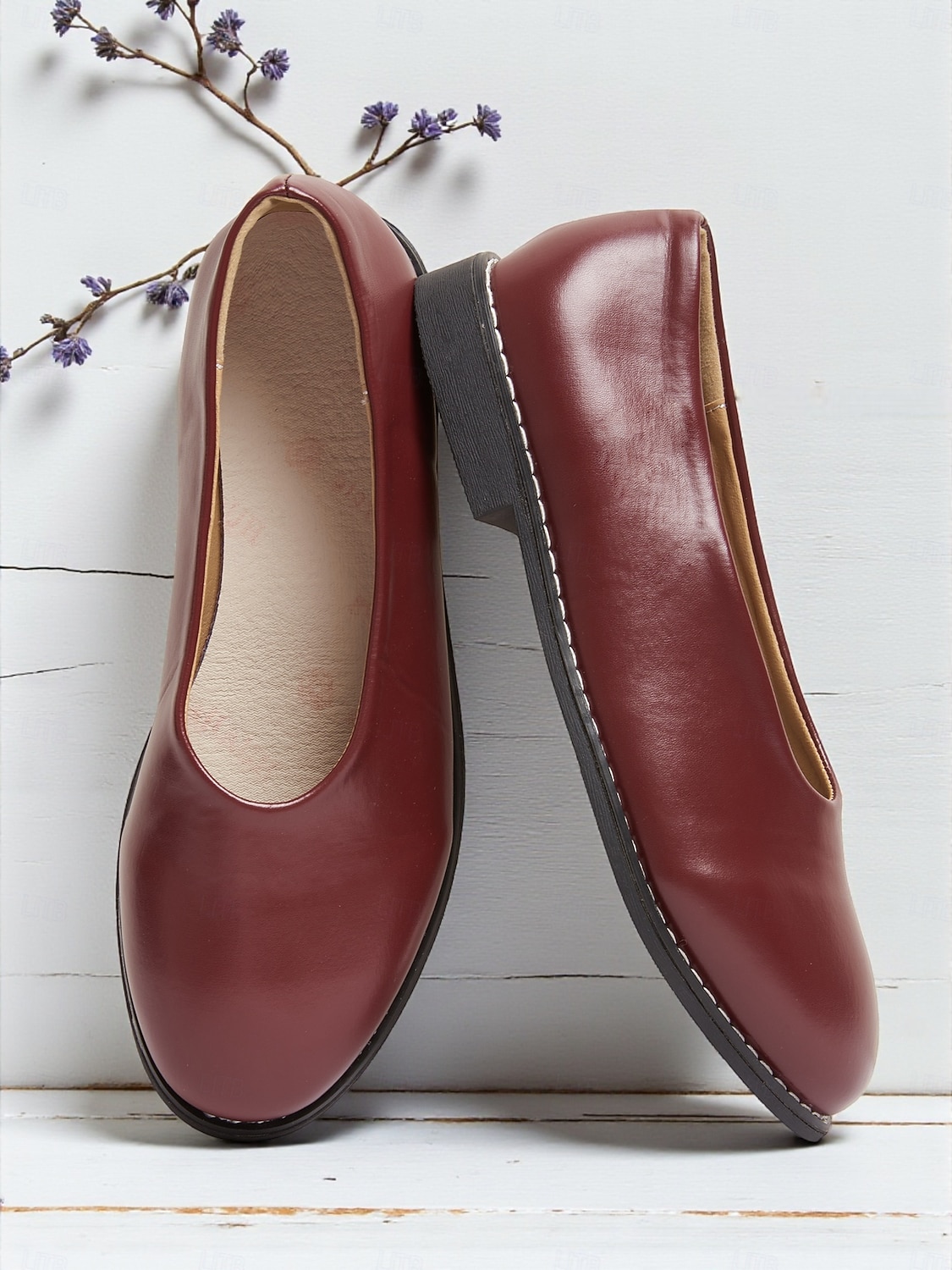 Women's Burgundy Faux Leather Round Toe Flats with Low Heel, Comfortable Casual Dress Shoes for Work, Office & Everyday Wear 2025 - $26.99 –P3