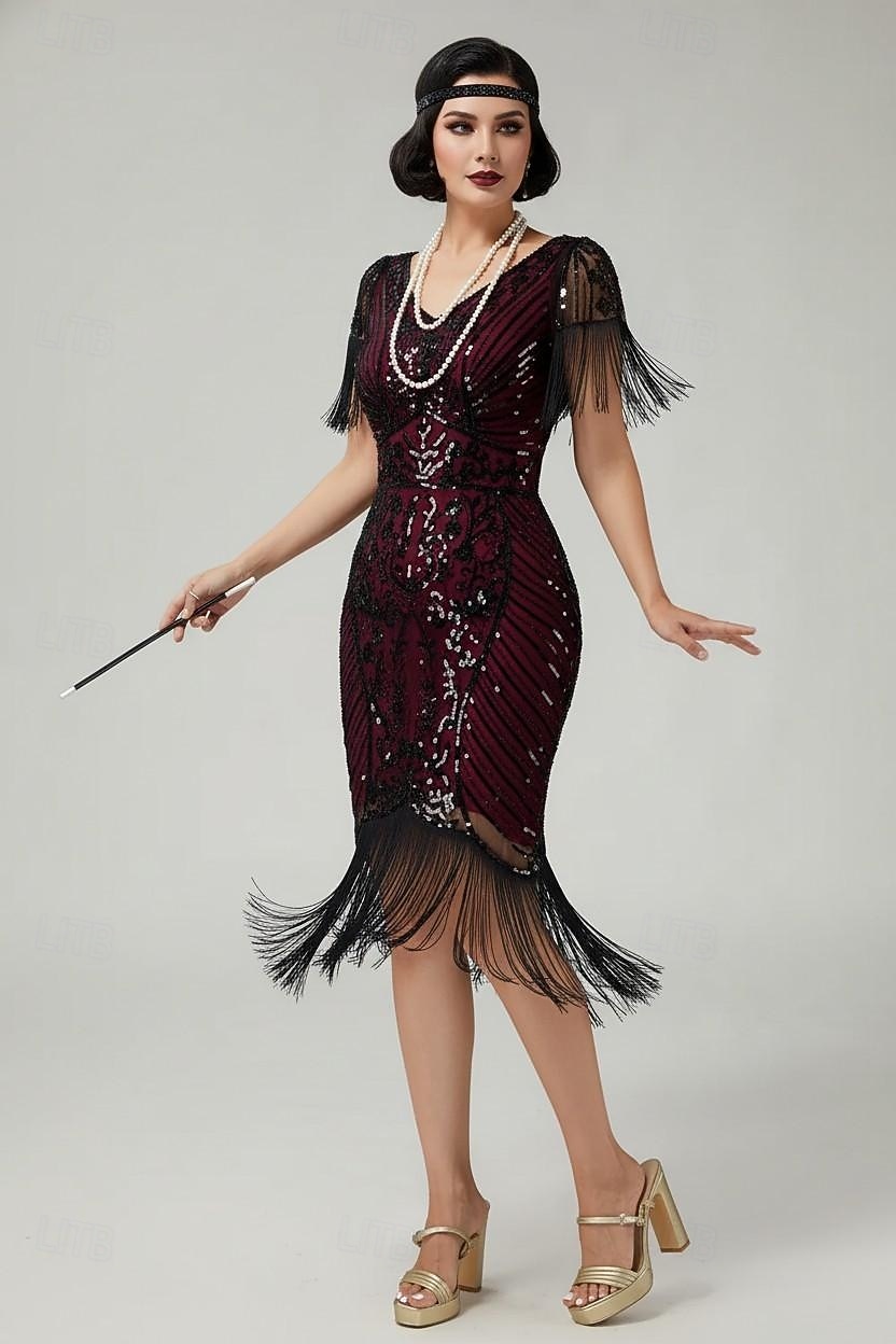 Années Folles Années 1920 Mi-long Robe Charleston Manches courtes Gatsby le Magnifique Paillettes Frange Col en V Déguisement Femmes Noël Carnaval bar clandestin Mascarade Soirée à thème rétro Adulte de 2026 ? $44.99 –P1