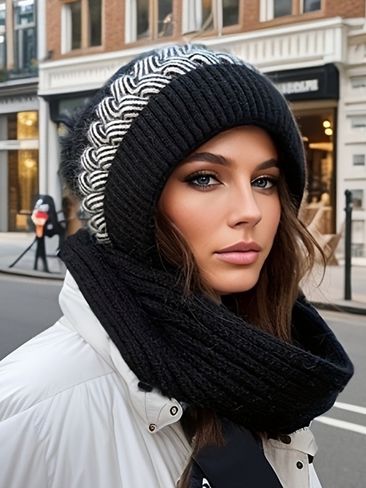 Dame vinterstrikklue-skjerfsett med pompong, fleecefôret 2-i-1-lue og halsvarmer, koselig og varmt utendørstilbehør for kaldt vær og julegaver 2026 - $11.99 –P5