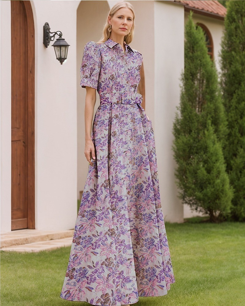 Linha A Longo Vestidos de noite Vestido de Baile Vestido formal Elegante Vintage Manga Curta Colarinho de Camisa Casamento Formal Fibra Sintética com Estampa floral Fenda Bolsos de 2026 por $186.99 –P15